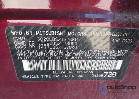 2020 Mitsubishi Mirage Es/Se z USA, uszkodzony, nr VIN ML32A3HJ3LH010566